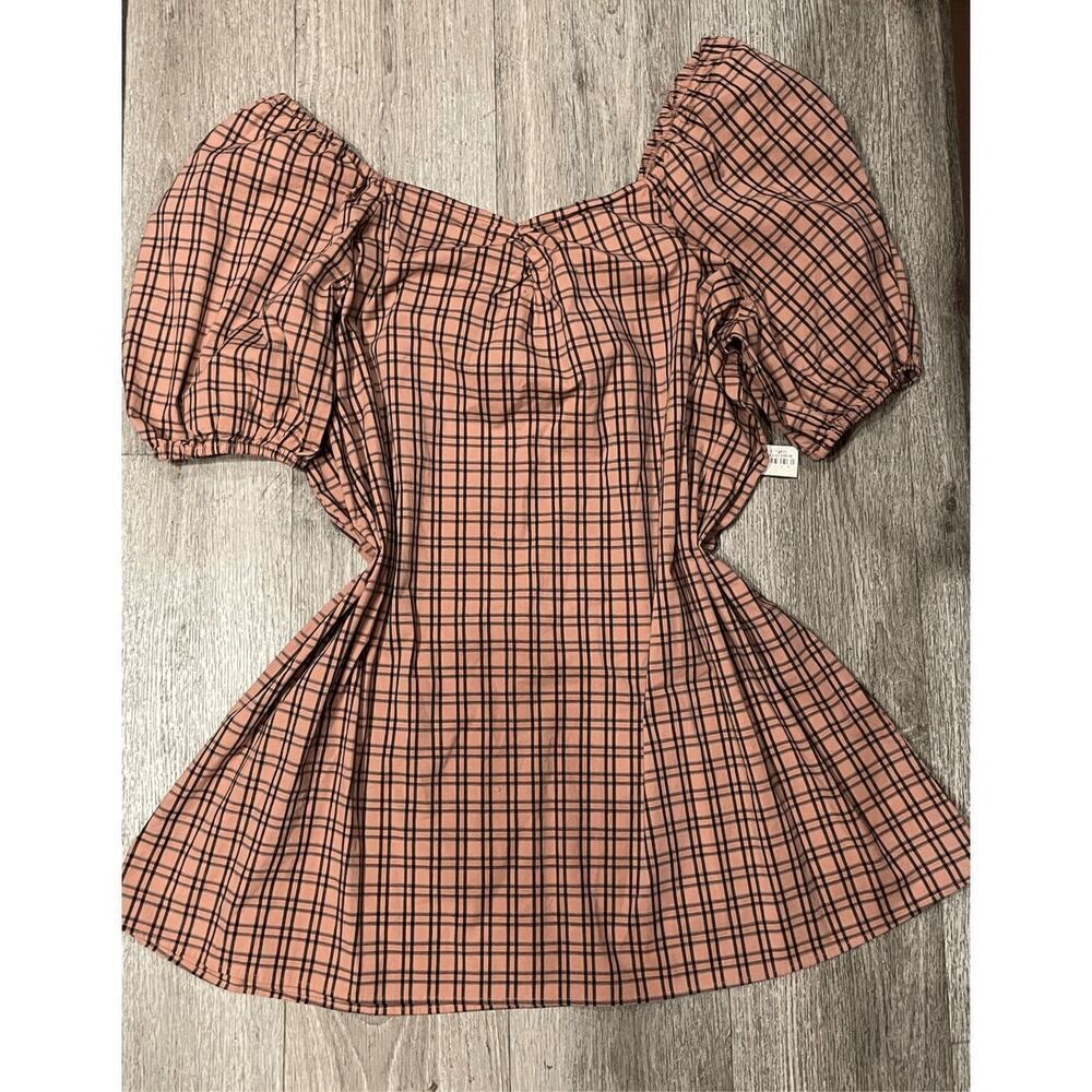 a.n.a Plaid Mini Dress Apricot 2X New Puff Sleeves